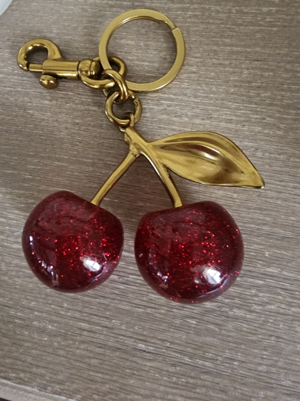 Gold Cherry Keychain Charm with Red Glitter Cherries- 4×2